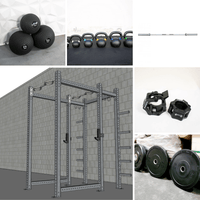 Thumbnail for Collage of a power rack, medicine balls, kettlebells, barbell, weight plates, and barbell collars.