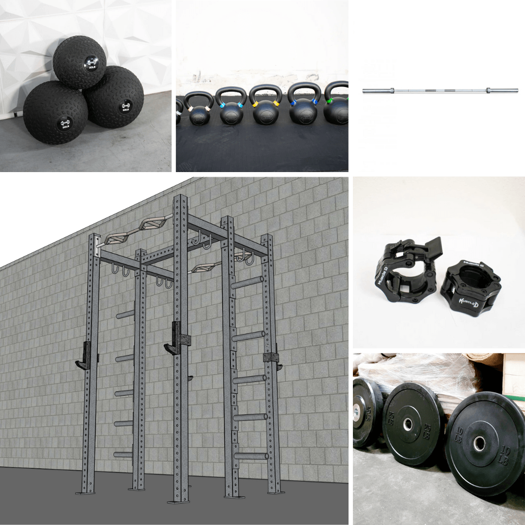 Collage of gym equipment: double half rack, medicine balls, kettlebells, barbell, weight plates, and barbell collars.
