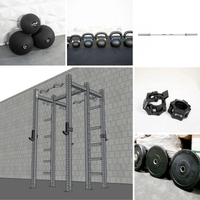 Thumbnail for Collage of gym equipment: double half rack, medicine balls, kettlebells, barbell, weight plates, and barbell collars.