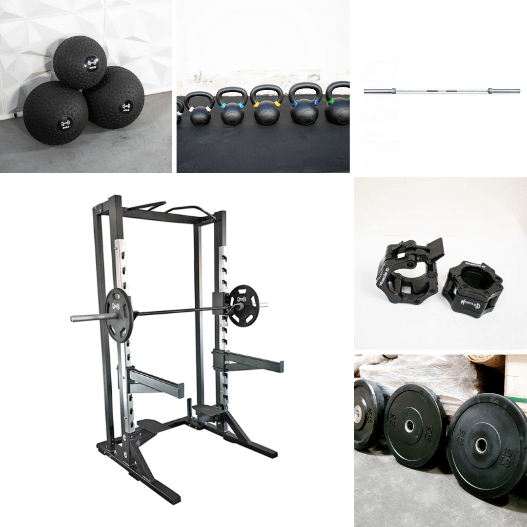 A half rack with barbell, weight plates, kettlebells, medicine balls, and barbell clamps.