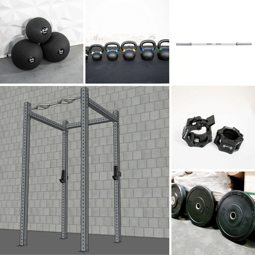 A collage of gym equipment: a 4-post rack, medicine balls, kettlebells, a barbell, weight clamps, and bumper plates.