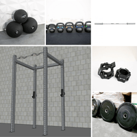 Thumbnail for A collage of gym equipment: a 4-post rack, medicine balls, kettlebells, a barbell, weight clamps, and bumper plates.
