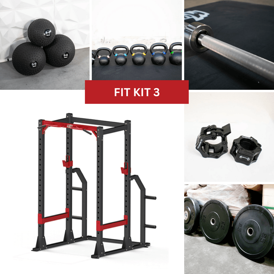 Power cage with weight set, kettlebells, medicine balls, barbell, and collars.