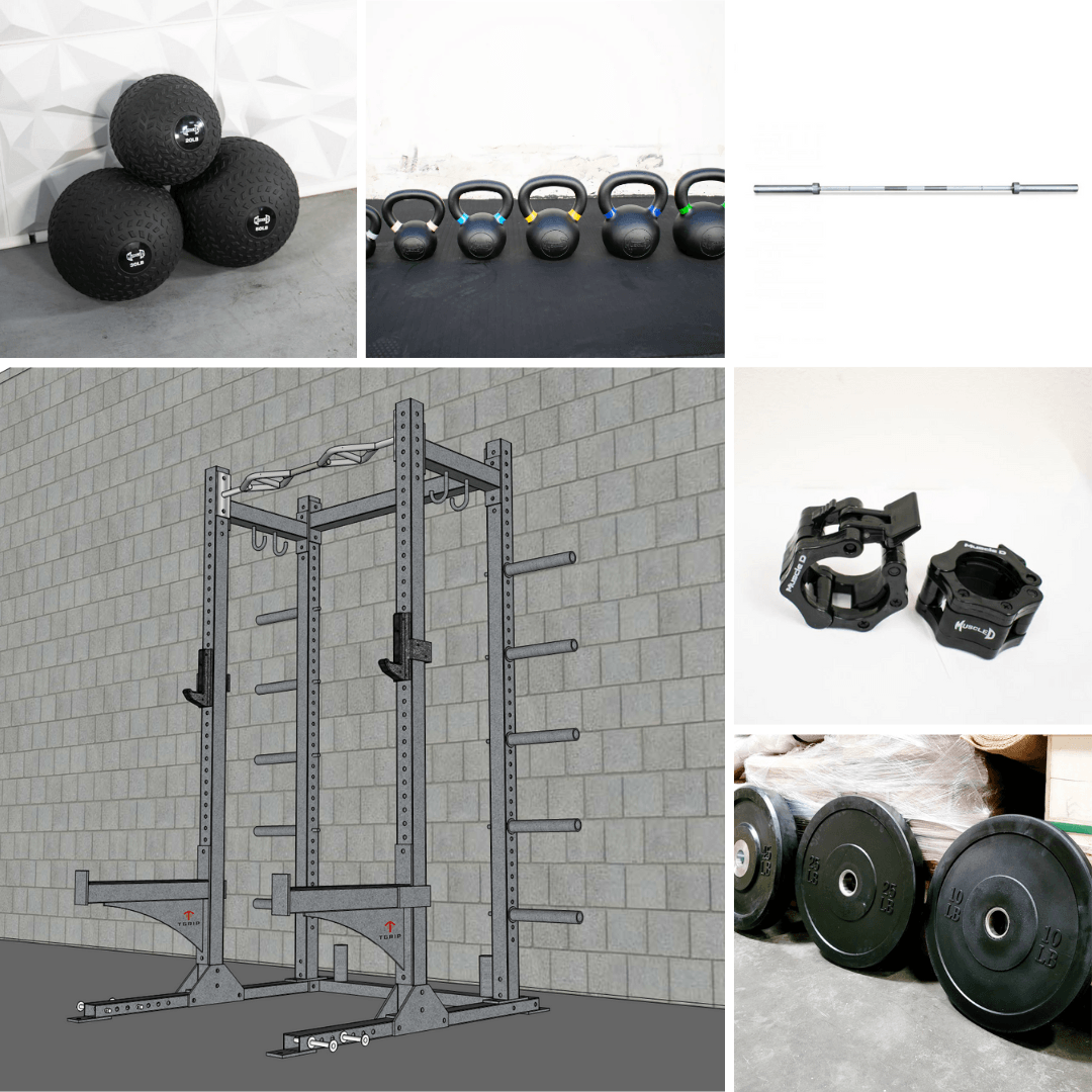 Collage of a half rack, medicine balls, kettlebells, barbell, plate storage, J-hooks, and barbell collars.
