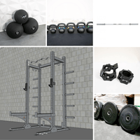 Thumbnail for Collage of a half rack, medicine balls, kettlebells, barbell, plate storage, J-hooks, and barbell collars.