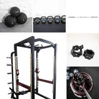 Thumbnail for Power cage, kettlebells, medicine balls, barbell, and barbell collars.