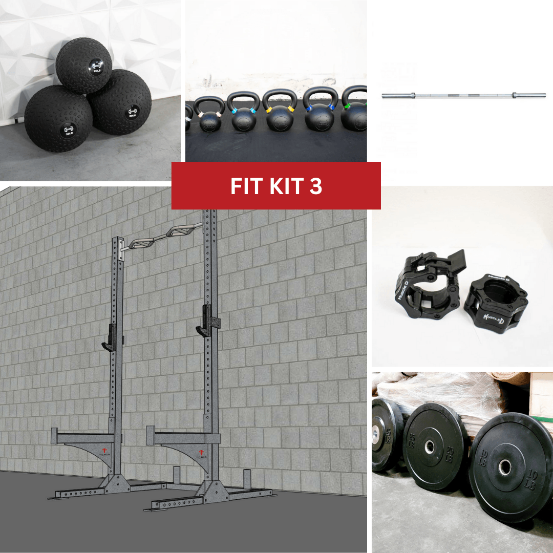 Squat stand, barbell, weight plates, collars, kettlebells, and medicine balls in a collage.