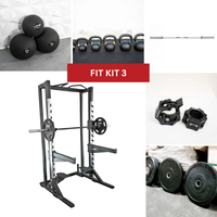 Thumbnail for Half rack with barbell, weight plates, collars, kettlebells, and medicine balls.