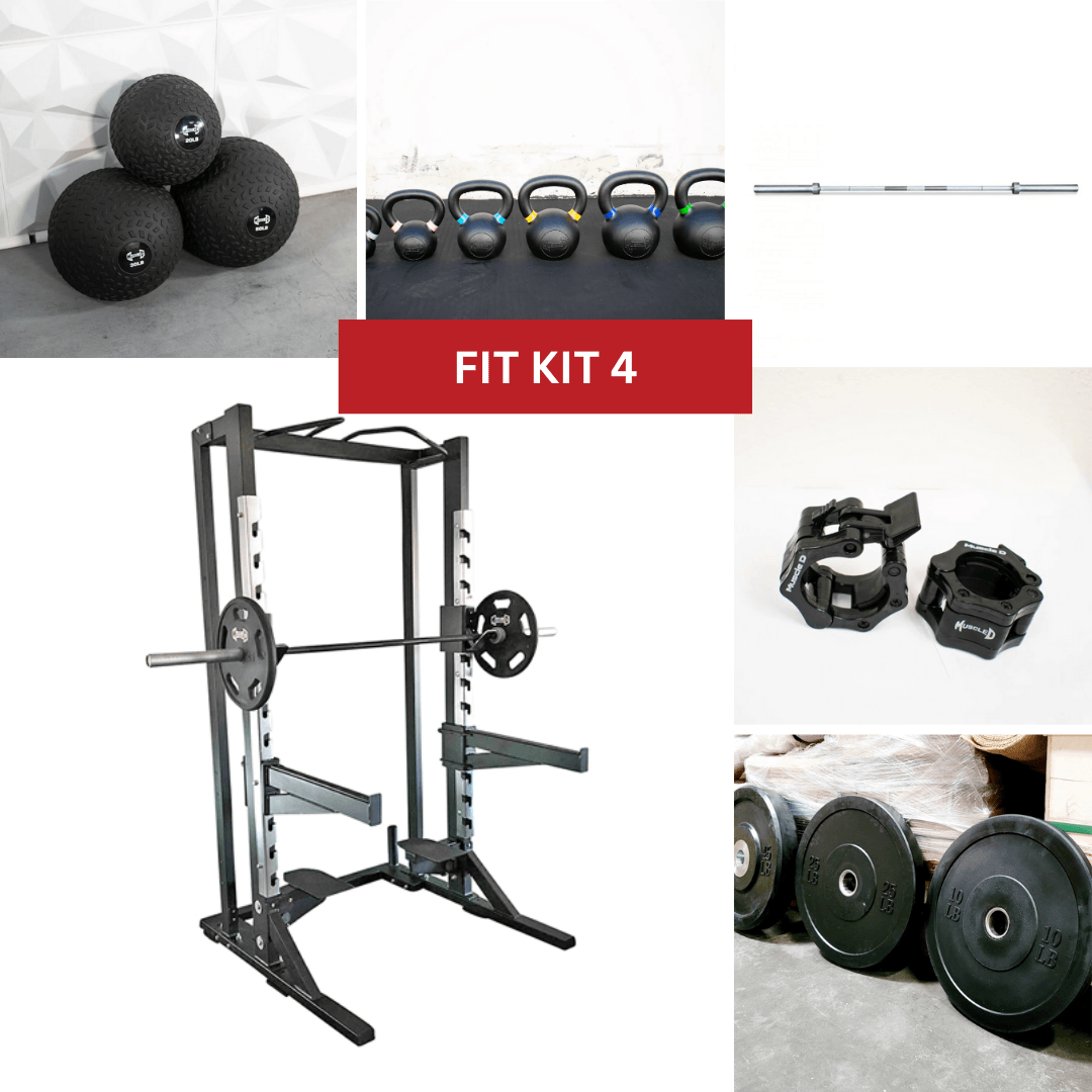 Half rack with barbell, weights, clamps, kettlebells, and medicine balls.