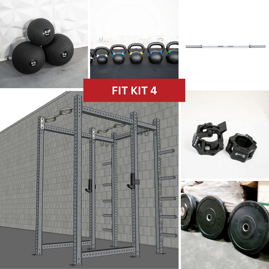 Collage of a power rack, medicine balls, kettlebells, barbell, clamps, and weight plates.
