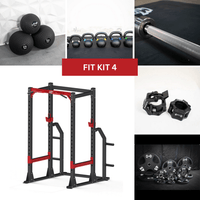 Thumbnail for Collage of a power cage, weight plates, barbell, collars, kettlebells, and slam balls.