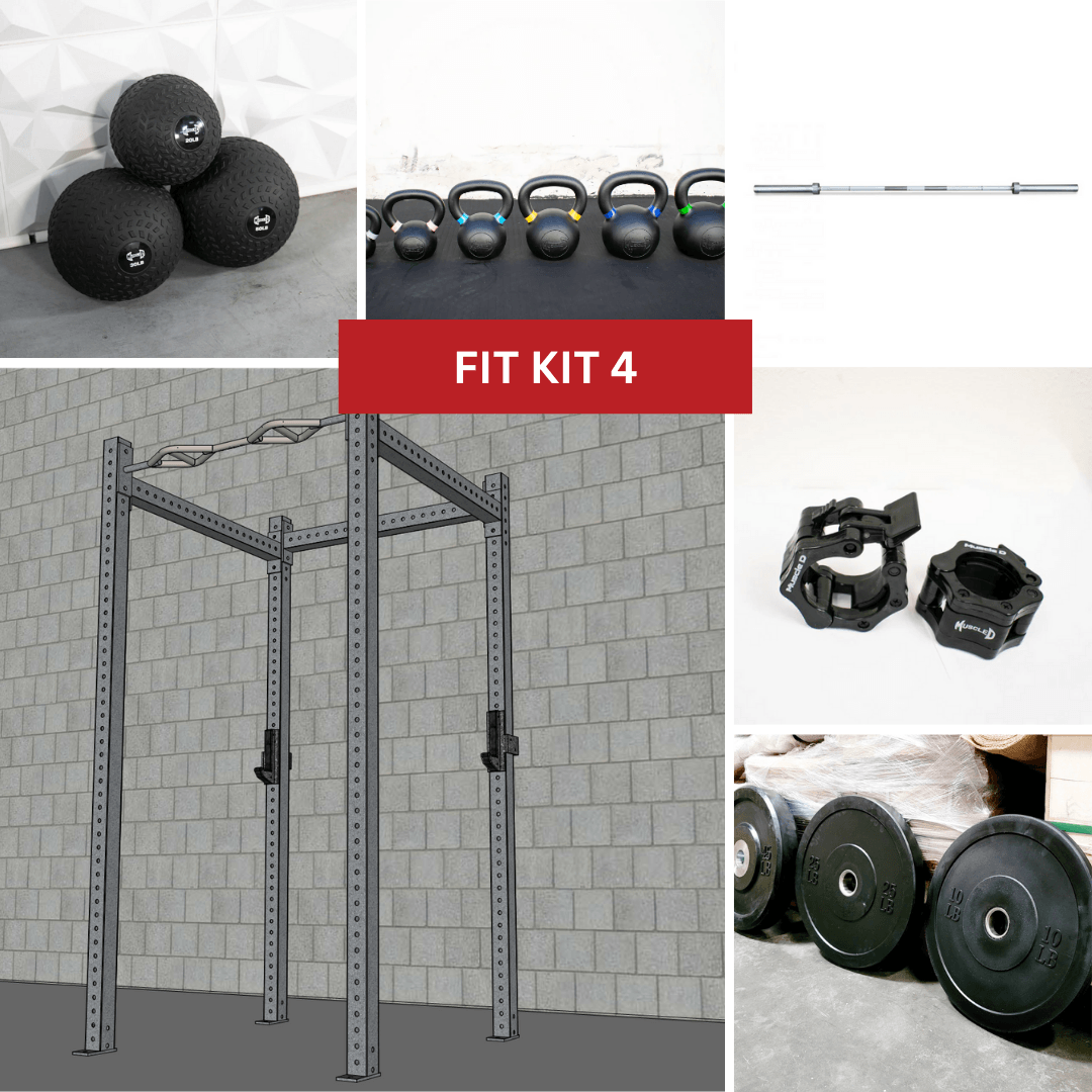 Collage of a 4-post squat rack, medicine balls, kettlebells, barbell, weight plates, and barbell collars.