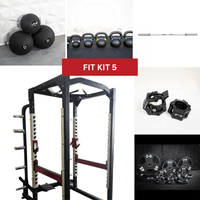 Thumbnail for Power cage, kettlebells, medicine balls, barbell, weight plates, and barbell clamps.