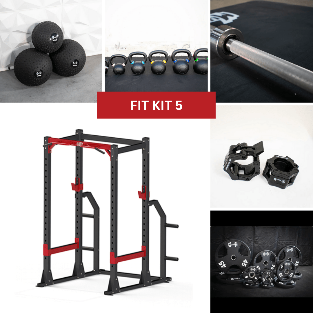 Power cage, weight plates, barbell, clamps, kettlebells, and medicine balls for a home gym.