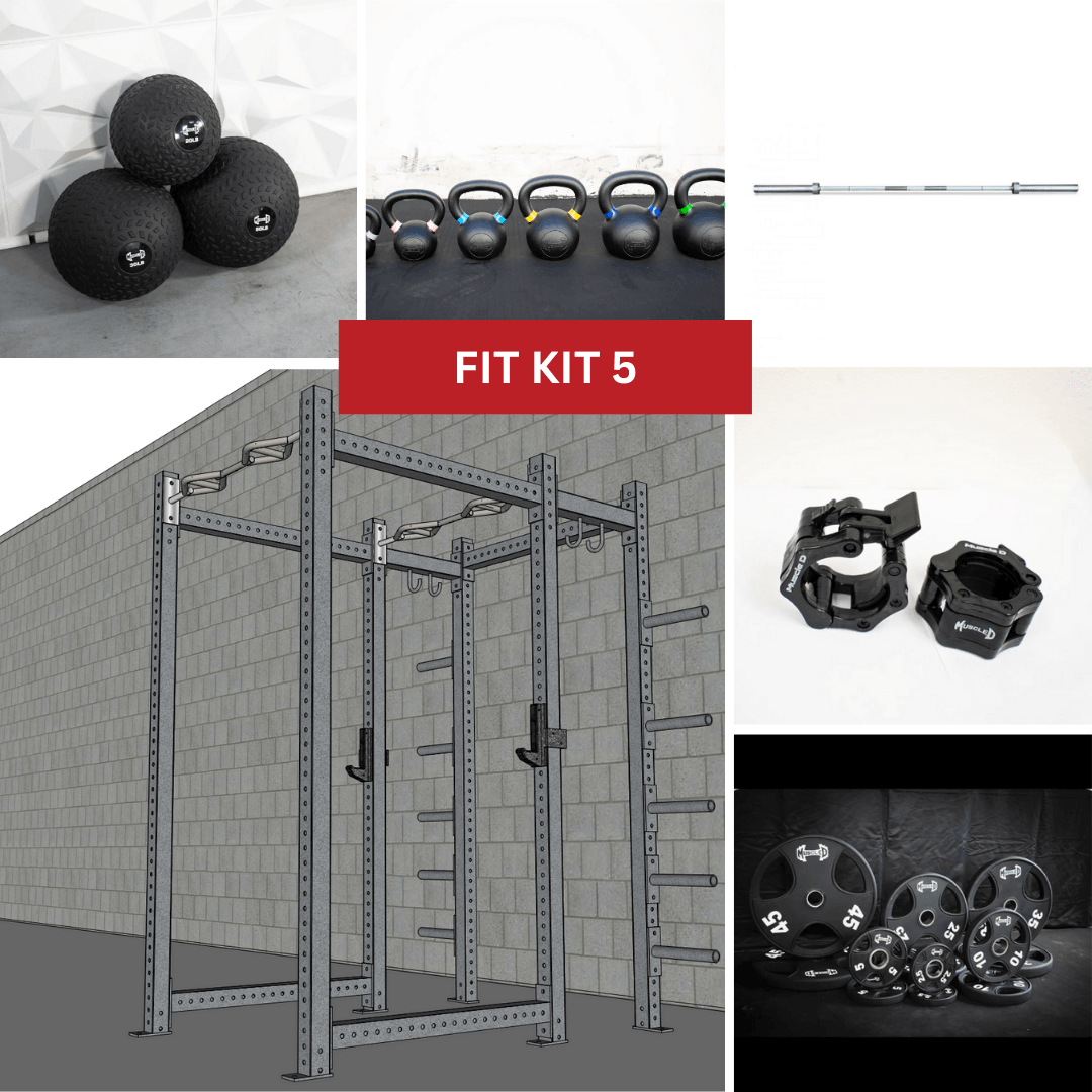 Collage of a power rack, medicine balls, kettlebells, barbell, collars, and weight plates.