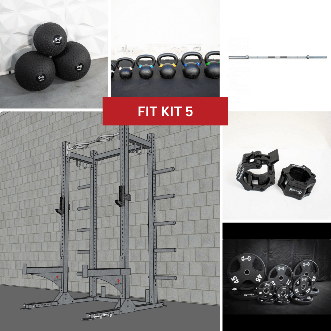 Collage of a half rack, barbells, kettlebells, medicine balls, weight plates, and barbell collars.
