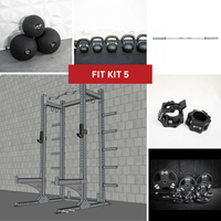 Thumbnail for Collage of a half rack, barbells, kettlebells, medicine balls, weight plates, and barbell collars.