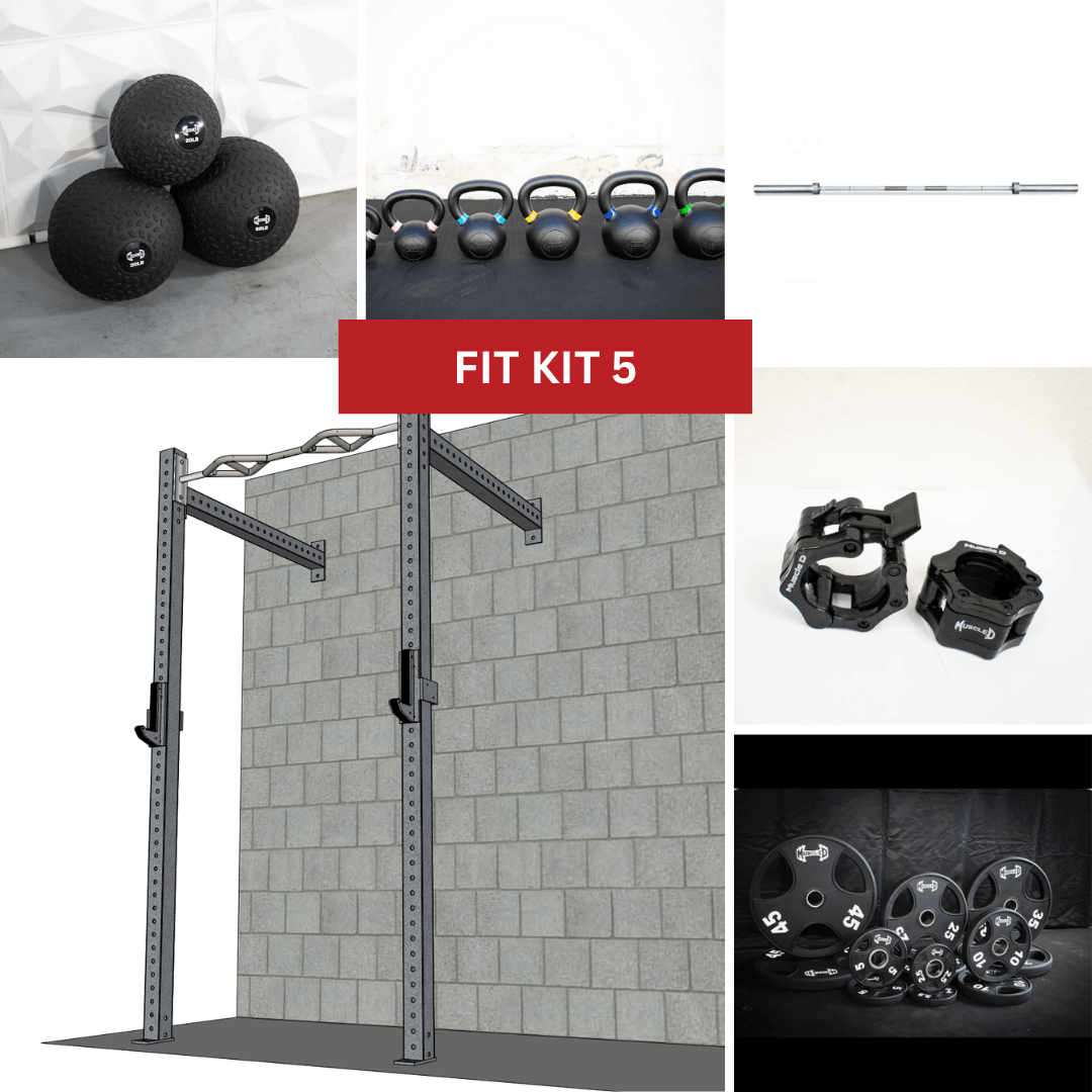 A collage of fitness equipment: wall-mount rig, medicine balls, kettlebells, barbell, weight plates, and collars.
