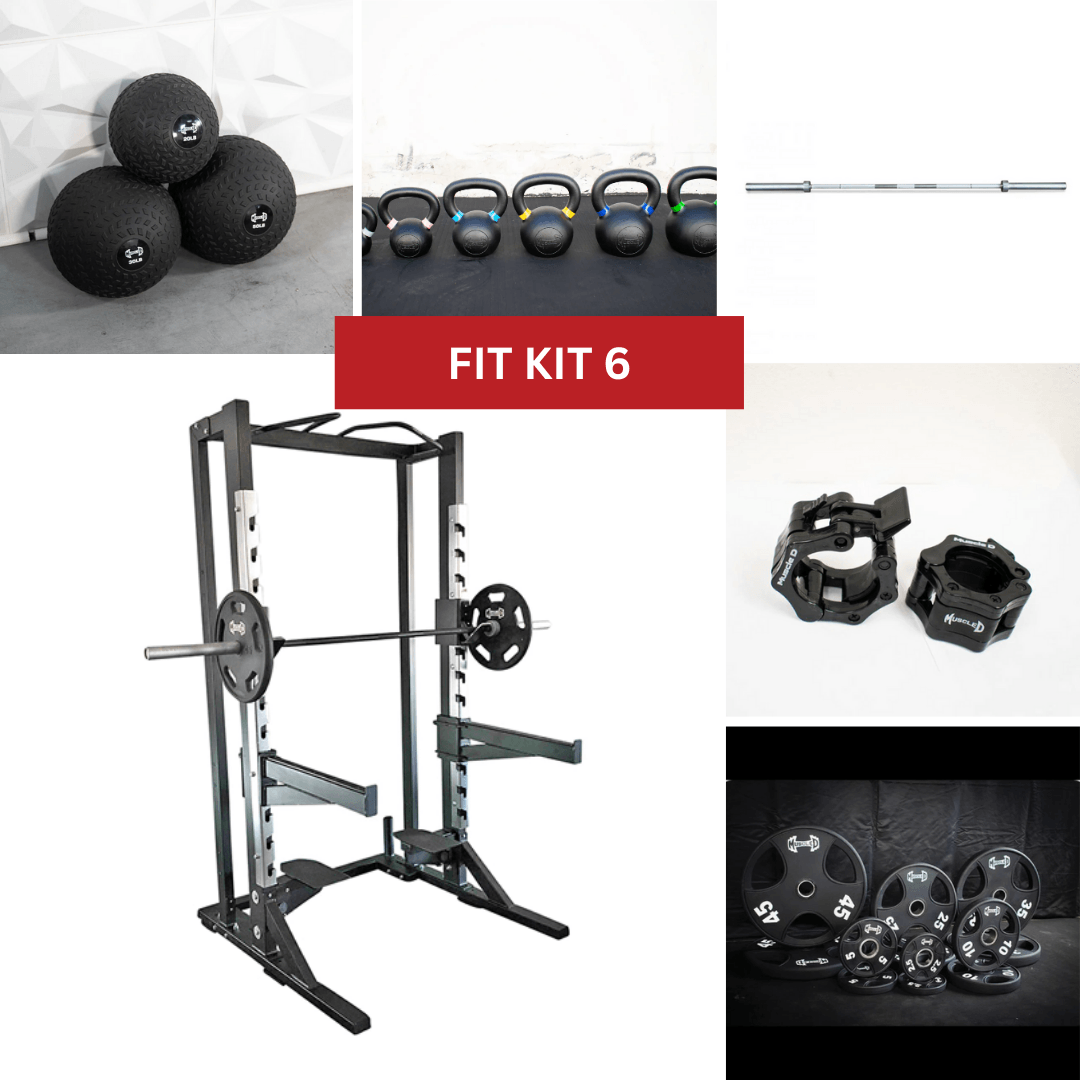 Half rack with barbell, weight plates, collars, kettlebells, and medicine balls.