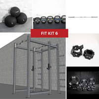 Thumbnail for Collage of a power rack, medicine balls, kettlebells, barbell, clamps, and weight plates.