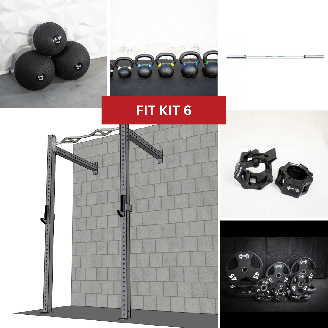 Wall mount rig, medicine balls, kettlebells, barbell, clamps, and weight plates.