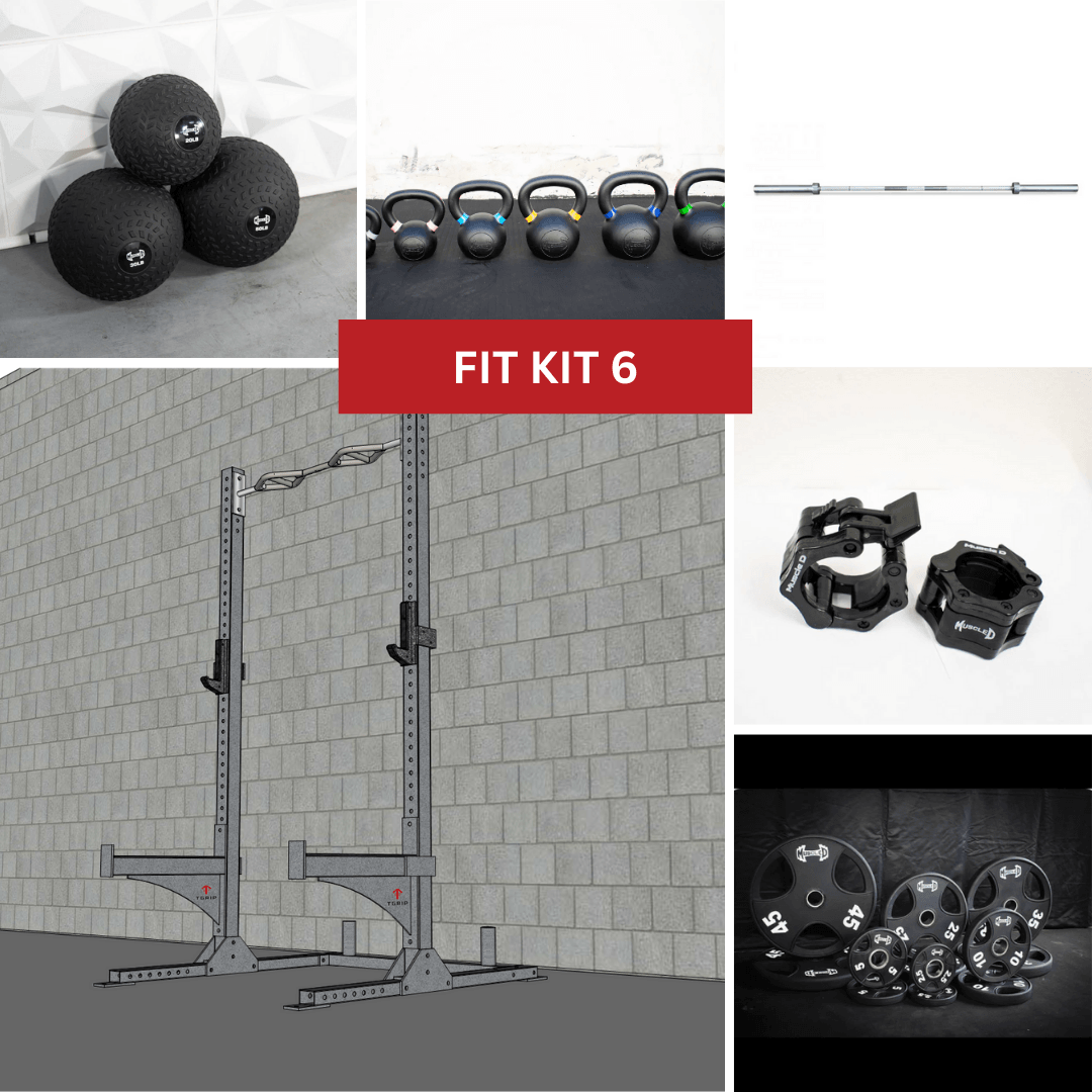 Squat stand, barbell, collars, weight plates, medicine balls, and kettlebells.