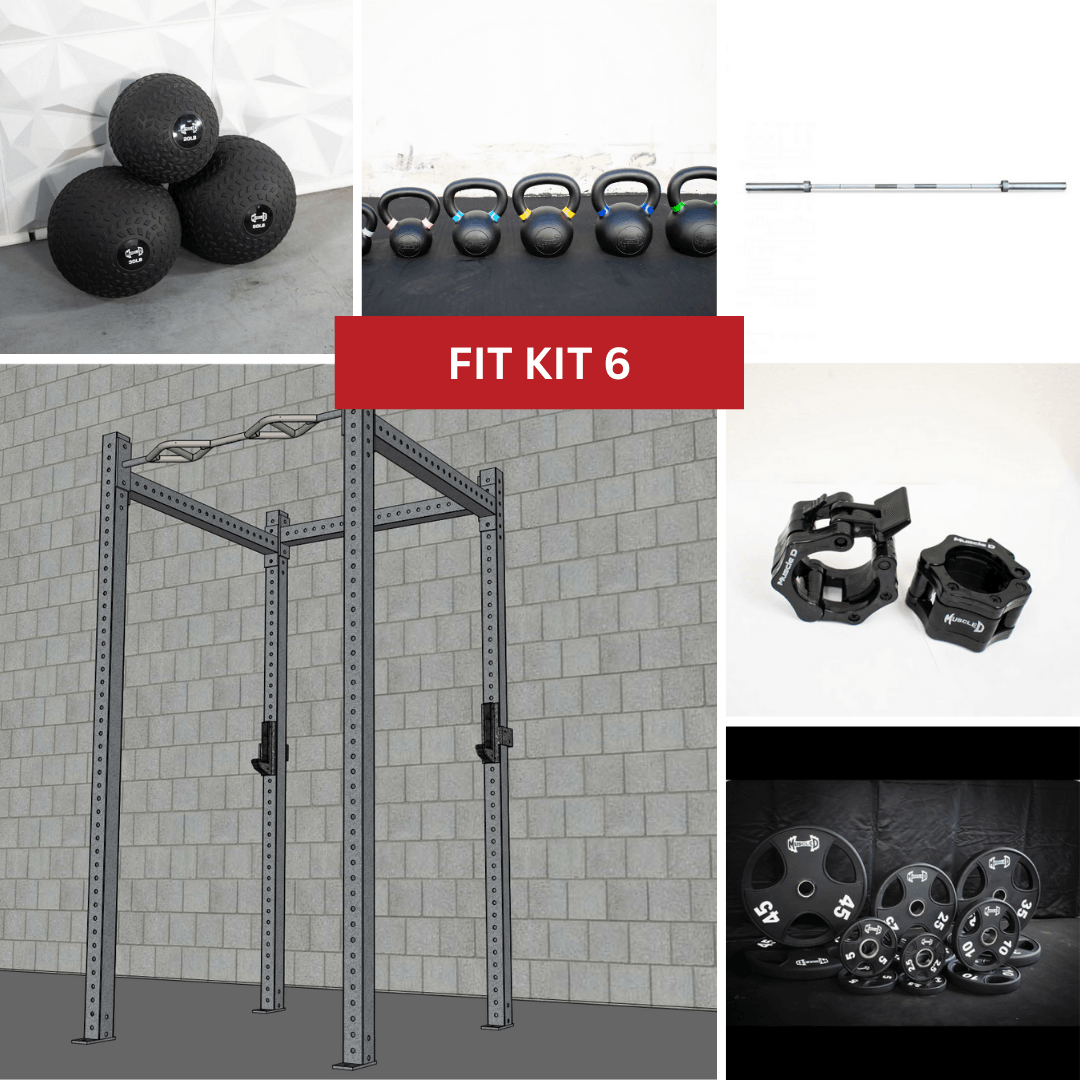 A collage of gym equipment including a 4-post rack, medicine balls, kettlebells, a barbell, clamps, and weight plates.