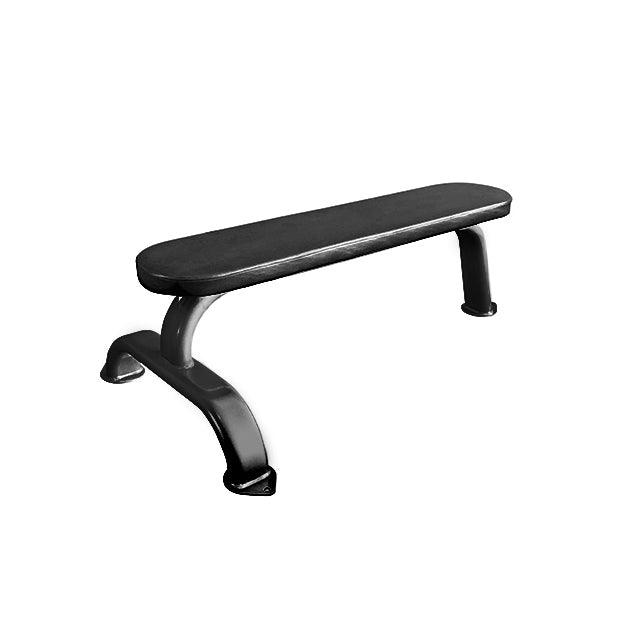 Black flat utility bench with a padded top and curved metal legs.