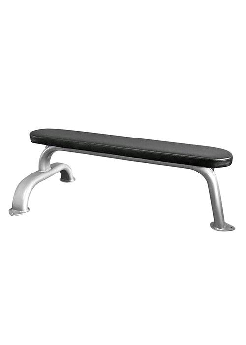 Black flat utility bench with silver curved steel legs.