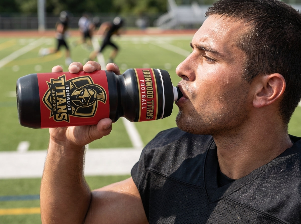 Athlete drinking from a black water bottle with a red and gold "Ironwood Titans Football" logo.