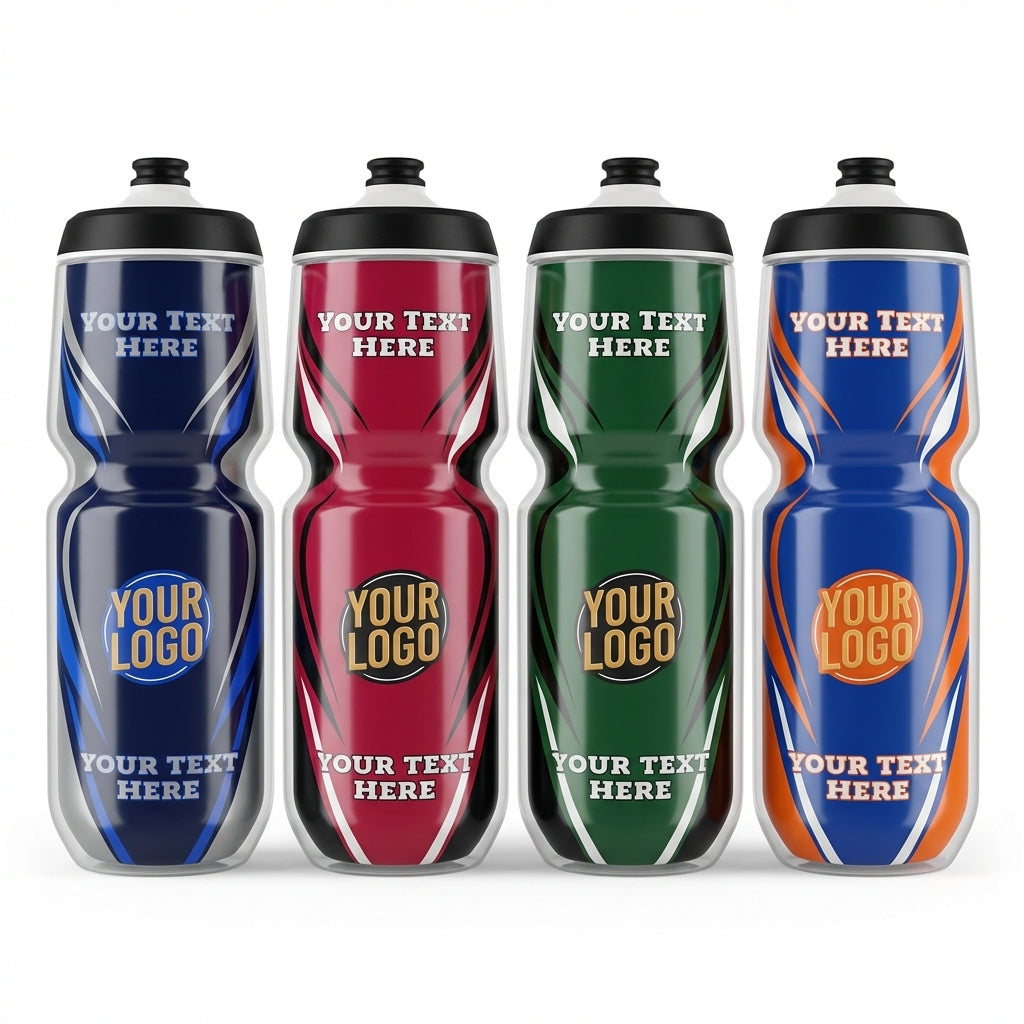 Four custom water bottles in blue, red, green, and blue/orange with "Your Logo" and "Your Text Here" placeholders.