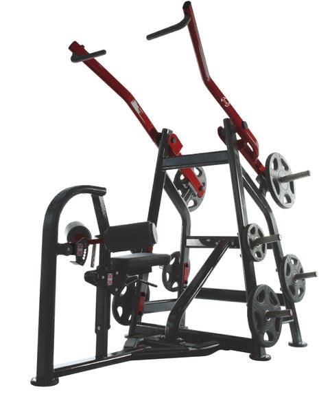 Black and red commercial lat pulldown machine with weight plates on a white background.