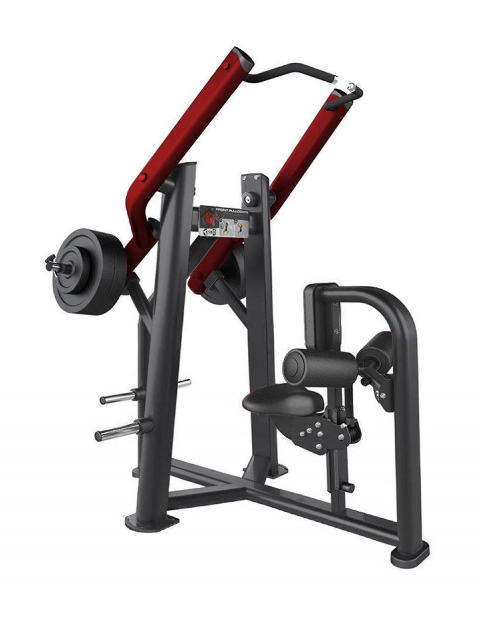 Black and red plate-loaded lat pulldown machine with adjustable seat and weight storage pegs.