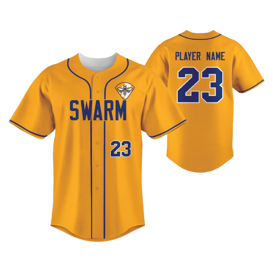 Gold baseball jersey with "SWARM" and "23" on front, bee logo, and "PLAYER NAME 23" on back.