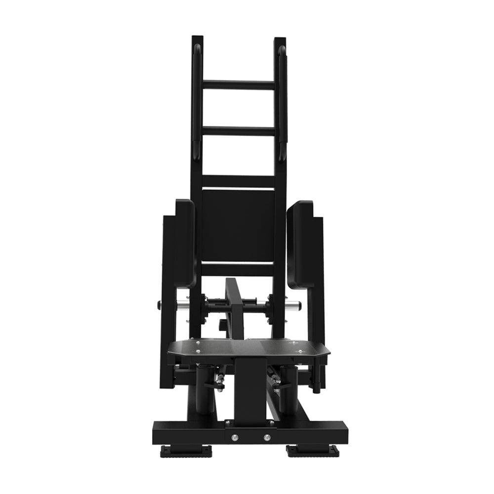Black standing hip abductor machine with padded armrests and a footplate, front view.