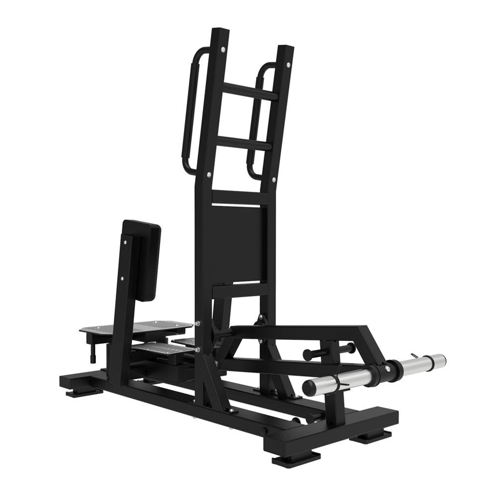 Black standing hip abductor machine with padded backrest, footplates, and plate-load bar.