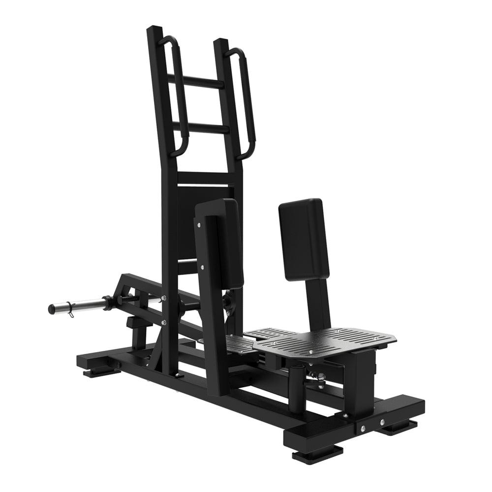 Black plate-loaded standing hip abductor machine with padded supports and a ladder-style handle.