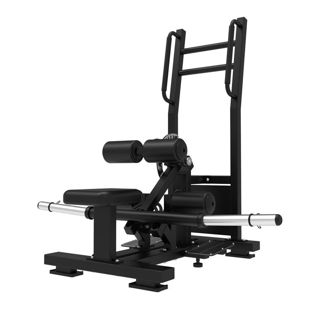 Black plate-loaded standing hip thrust machine with adjustable pads and band compatibility.
