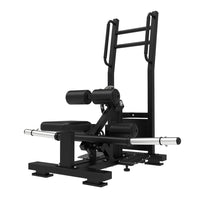 Thumbnail for Black plate-loaded standing hip thrust machine with adjustable pads and band compatibility.