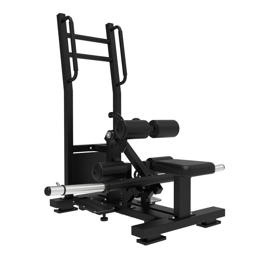 Black plate-load standing hip thrust machine with adjustable pads and handles on a white background.
