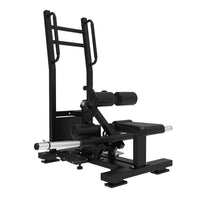 Thumbnail for Black plate-load standing hip thrust machine with adjustable pads and handles on a white background.