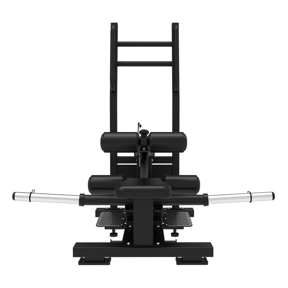 Black hip thrust machine with adjustable pads and plate load extensions on a white background.