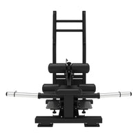 Thumbnail for Black hip thrust machine with adjustable pads and plate load extensions on a white background.