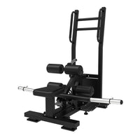 Thumbnail for Black standing hip thrust machine with adjustable pads and a plate load extension bar.