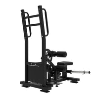 Thumbnail for Black plate-loaded hip thrust machine with adjustable pads and handles on a white background.