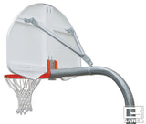 Basketball backboard, orange rim with white net, and curved gooseneck post.