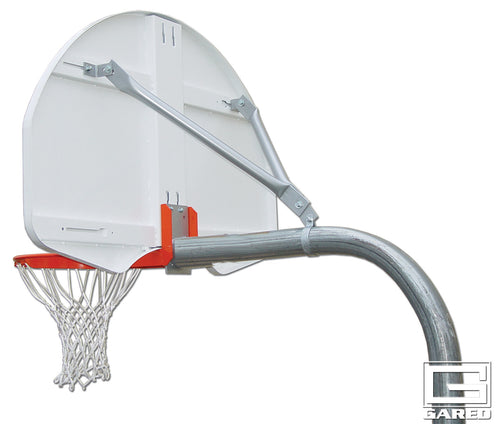 Basketball backboard, orange rim with white net, and curved gooseneck post.