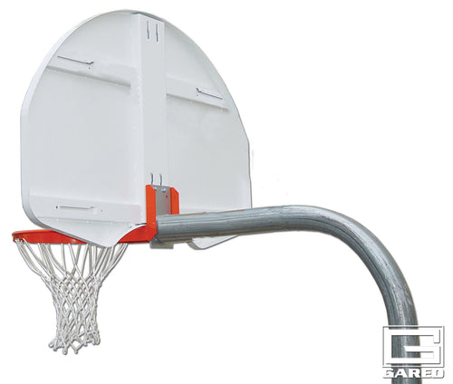 White basketball backboard with orange rim and net, attached to a curved gray gooseneck post.