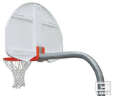 White basketball backboard with orange rim and white net, attached to a curved gray gooseneck post.