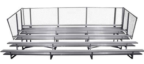 Stationary 5-row aluminum bleacher with double foot planks and chain-link fence guardrail.